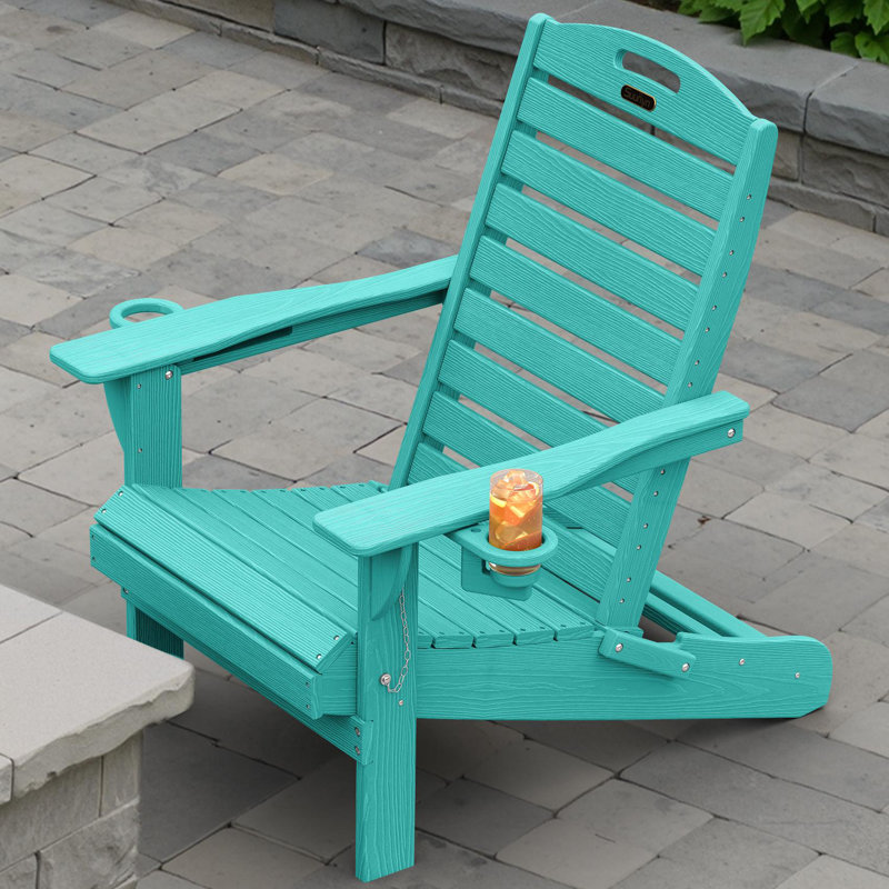 Outdoor Fire Pit Chairs Weather-Resistant HDPE Foldable Outdoor Adirondack Chair With Cup Holder, Lake Blue