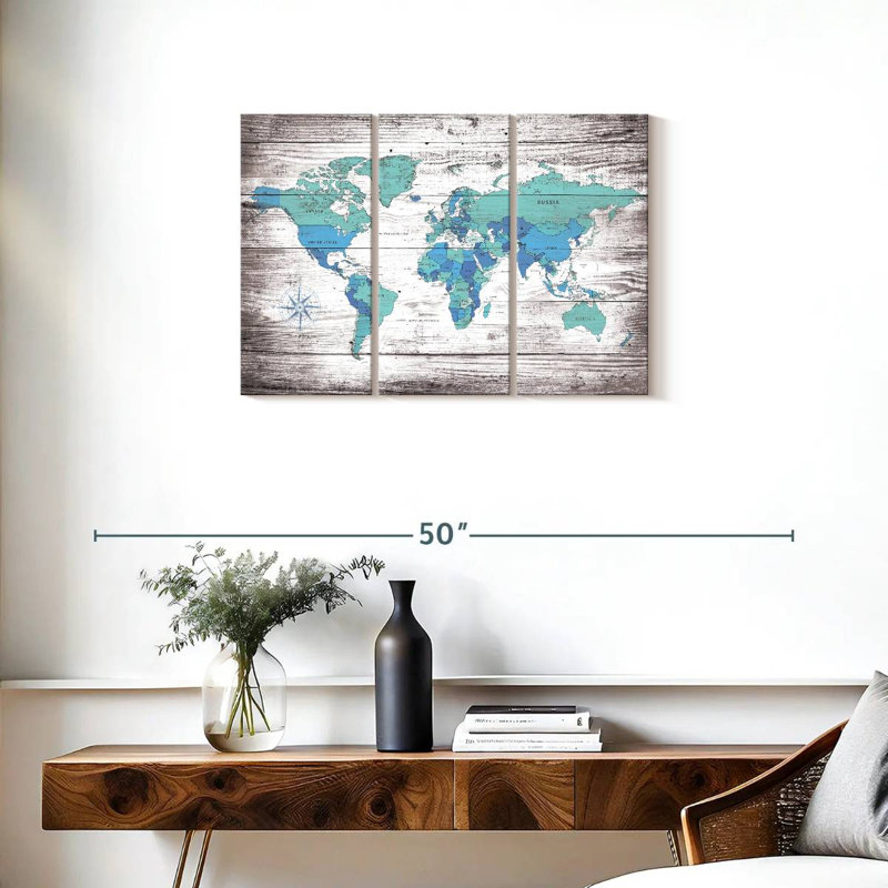 «Aged World Map XXX», ensemble de 3 reproductions sur toiles par Jorge S, H 20 po x l 33 po x P 1,25 po