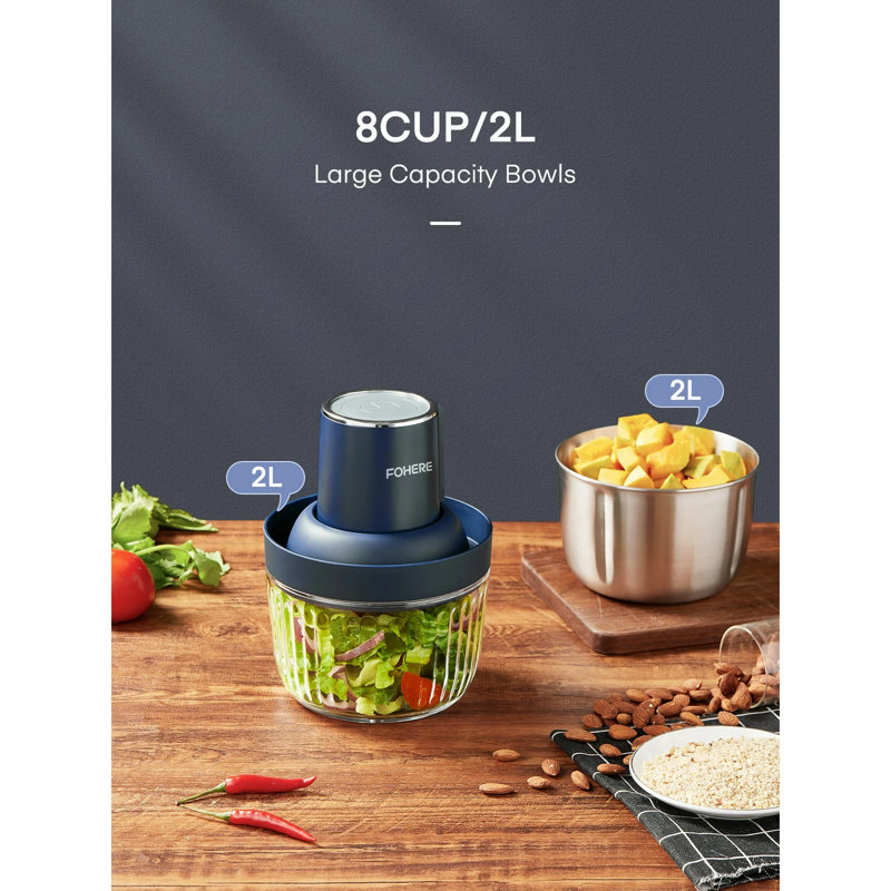 Electric Food Chopper With 2 Bowls/2l, 2 Sets Blades, Meat Grinder & Veggie Chopper, Blue