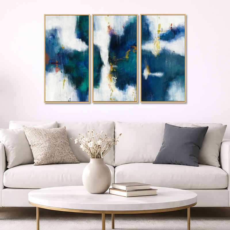 «Blue Glam Texture I», ensemble de 3 toiles murales modernes et contemporaines