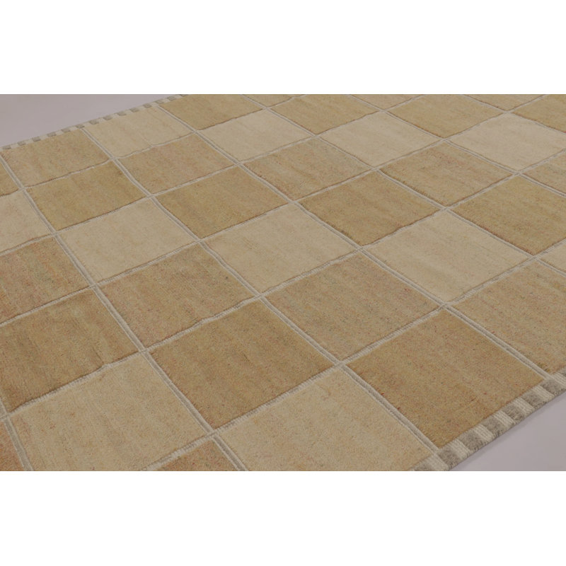 Rug & Kilim’S Scandinavian Rug, Geometric Pattern In Gold And Beige, Rectangle 12' x 18'