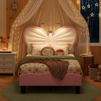 Kids Upholstery Butterfly Bed, Mixed Velvet & PU Leather Headboard With LED Antennae Lights & Adjustable Height, UK & EU Single (90X190/200cm)