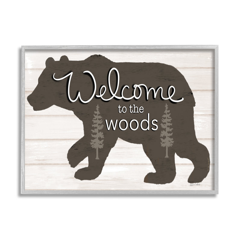 «Welcome to the Woods Cabin Sign» par Annie Lapoint - cadre flottant, impression sur bois, H 11 po x l 14 po x P 1,5 po, gris