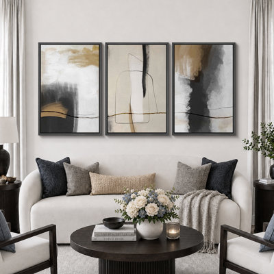 Grunge Abstract Paint Stroke Effect Tan Gray Neutral Organic Modern Pictures Framed Canvas Abstract Living Room Wall Art Painting Print