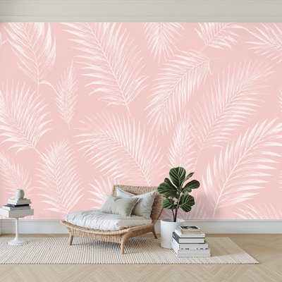 Papier peint auto-adhésif, feuillage tropical abstrait, rose, rosé, couleurs, feuilles de palmier, dessin au trait, papier contact auto-adhésif amovible pour salon, chambre à coucher H 69 po x l 96 po
