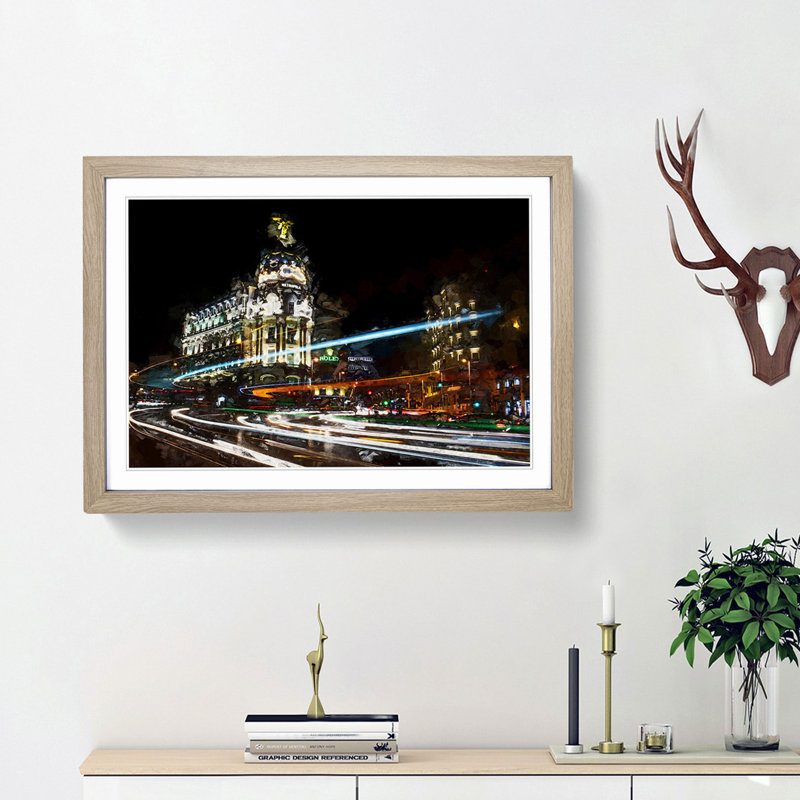 Nigh time in Madrid Spain in Abstract - Picture Frame Graphic Art Print, 27cm H x 36cm W x 2cm D, Oak Framed