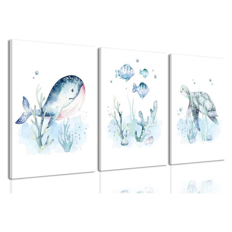 Ocean Nursery Decor, Set Of 3 Room Sea Animal Wall Art Picture Canvas Prints, 12X16 Inch Framed