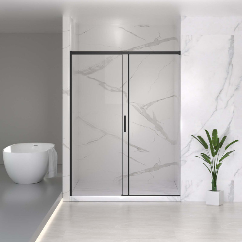 Porte de douche coulissante semi-sans cadre, verre trempé transparent de largeur variable, largeur réglable - aucune découpe requise