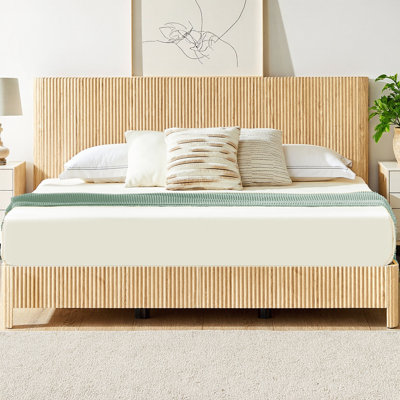 Hartland King Size Wooden Platform Bed Frame with Corrugated Curved Lines, Modern Farmhouse Bed with Rustic Wood Accents and Iron Frame, No Box Spring Needed