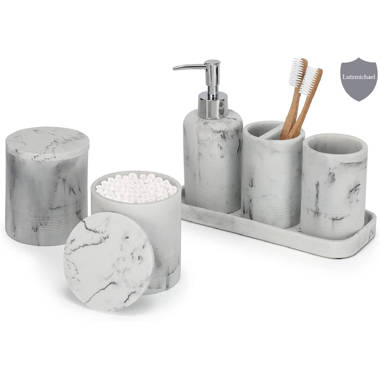 Grey Resin Bathroom Accessory Set, 5 Pcs Bathroom Accessories Set with Lotion Dispenser,Soap Dish,Toothbrush Holder,Vanity Tray,Qtip Holder
