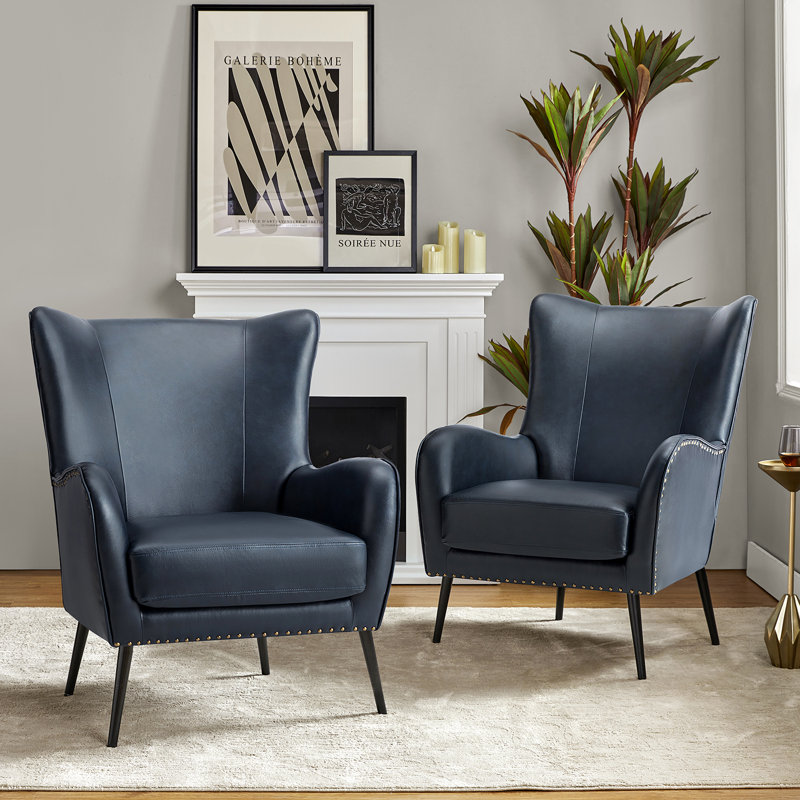 Ebbert 30" W Faux Leather Wingback Armchair with Nailhead Trim, Navy Vegan Leather