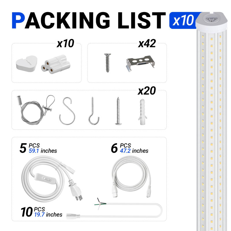 Barrina 8ft Led Shop Light, 140w 17000lm 5000k, Linkable, Hanging & Flush Mount, 8 Foot Commercial Led Shop Lights For Garage, 10 Packs, Silver