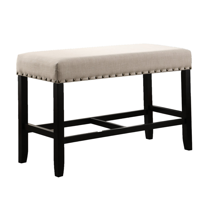Banc en tissu bleu avec garniture cloutée et repose-pieds, Tanné