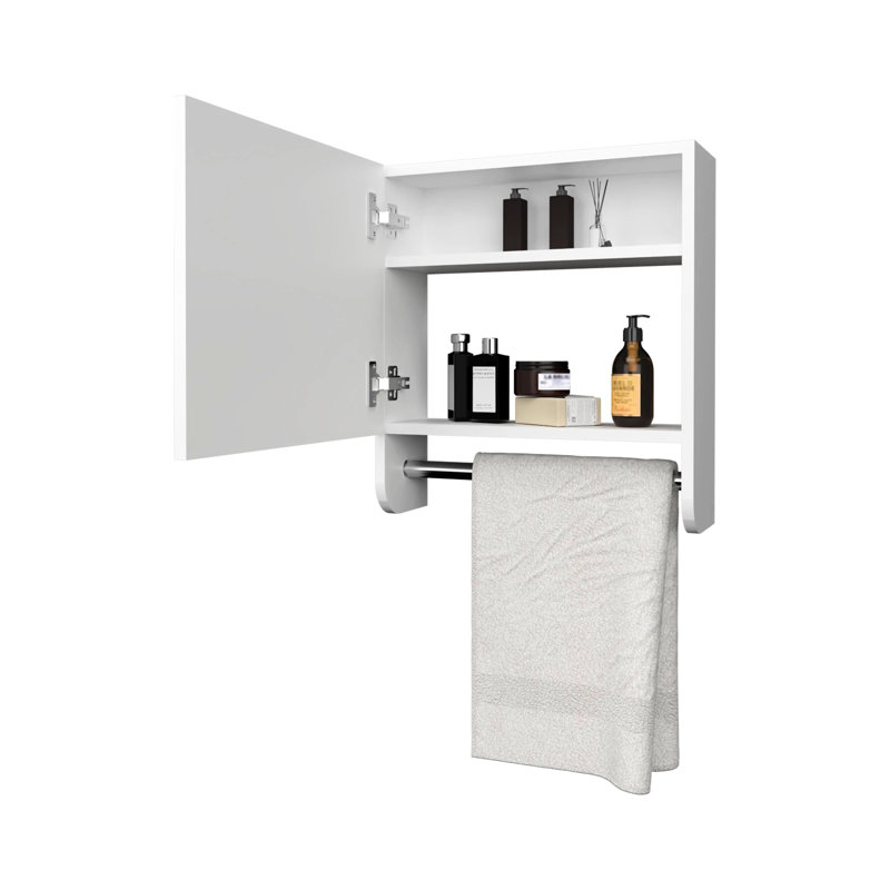 Wall Mounted Cabinet With Towel Holder And Integrated Mirror - White Bathroom Modern Medicine Rack Included For Bath, White