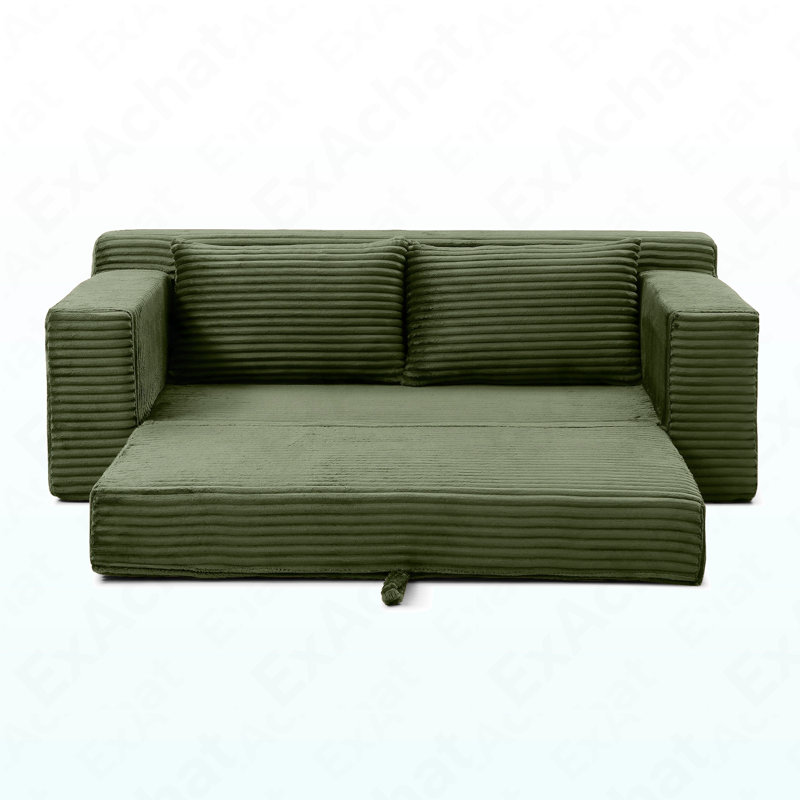 2-Seats Convertible Floor Sofa Bed With Storage Pocket, 3D Folding Mattress Sofa, Green, 32.53" H x 73.02" W x 35.12" D