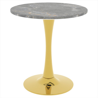Round dining table for 2-4, gold-tone iron pedestal, dark gray marble-look top, mid-century modern, 27.6 inch