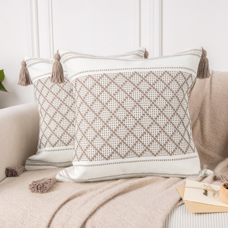Housse de coussin en coton mélangé à carreaux, Brun