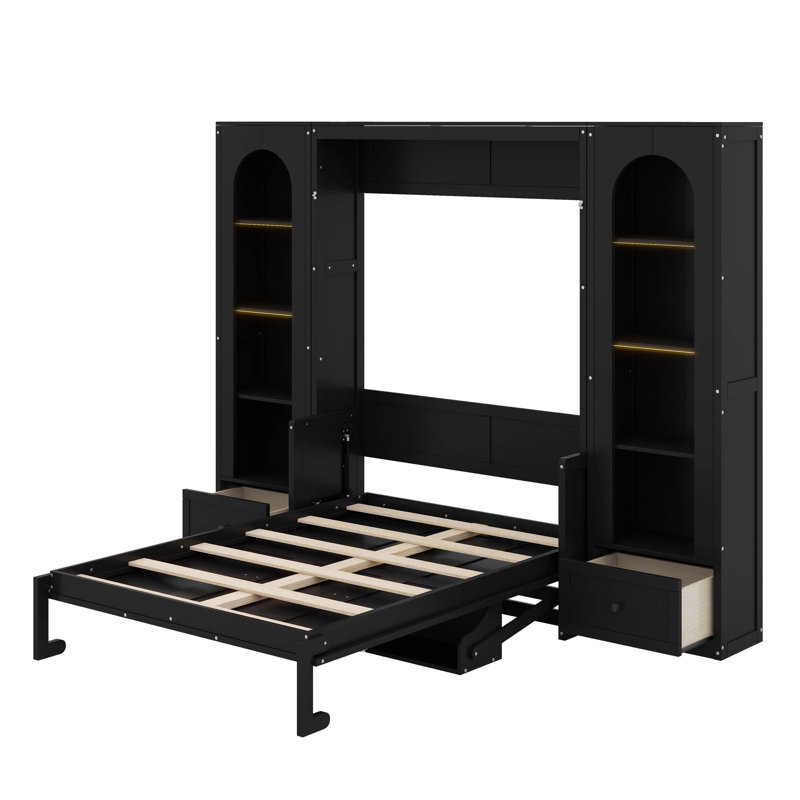 Grand lit plateforme escamotable avec tablette, armoires latérales, tiroirs et DEL, Noir, noir, noir, noir