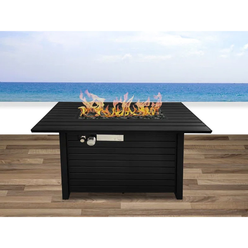 24" H Outdoor Steel Fire Pit Table With Propane - Black, Design, Slatted Base, Lid, Cover, Lava Rocks, Glass Beads, Adjustable Flame, Deck Suitable Lid Weather-, Flame Adjustable, Drink/Plate Rest