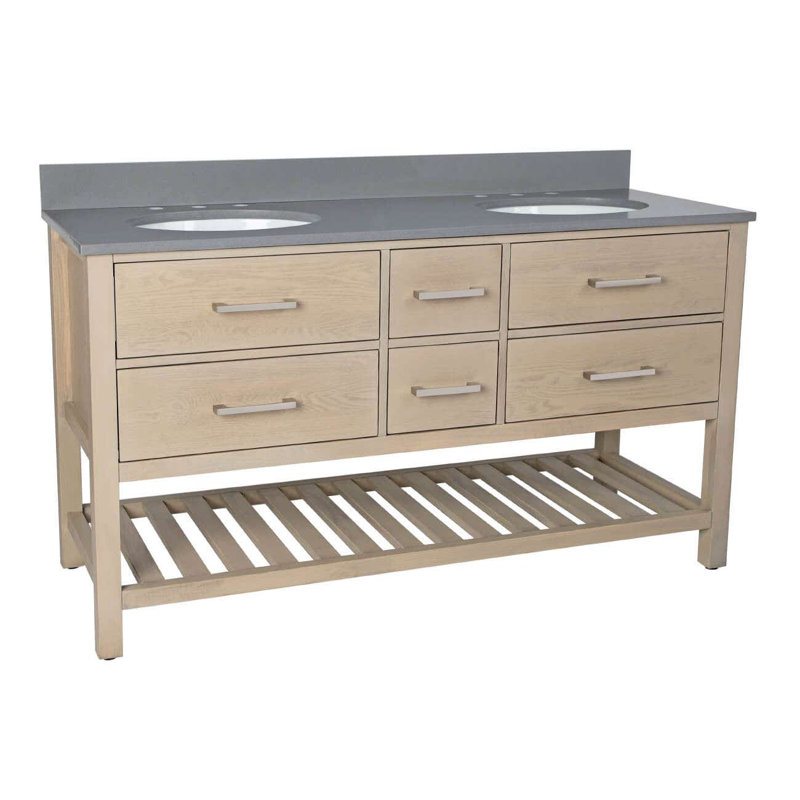 Meadowbrook 60'' Double Bathroom Vanity with Top, Light Oak, Grey Quartz