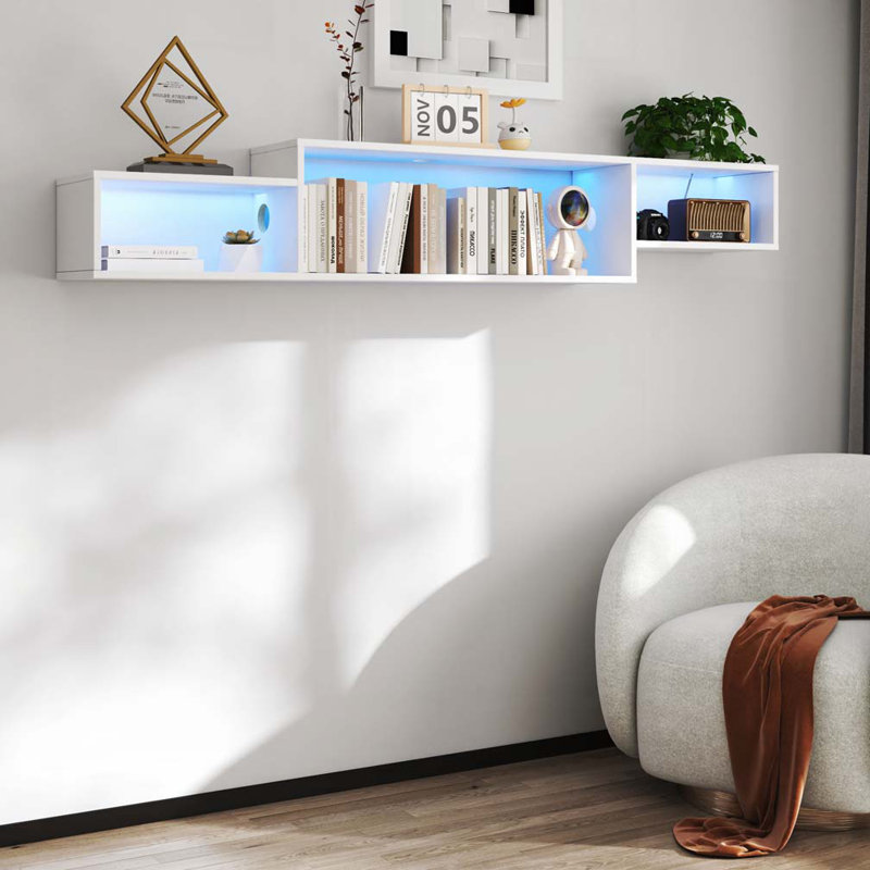 Mounted Floating Bookshelf with LEDs and Charging Station, White