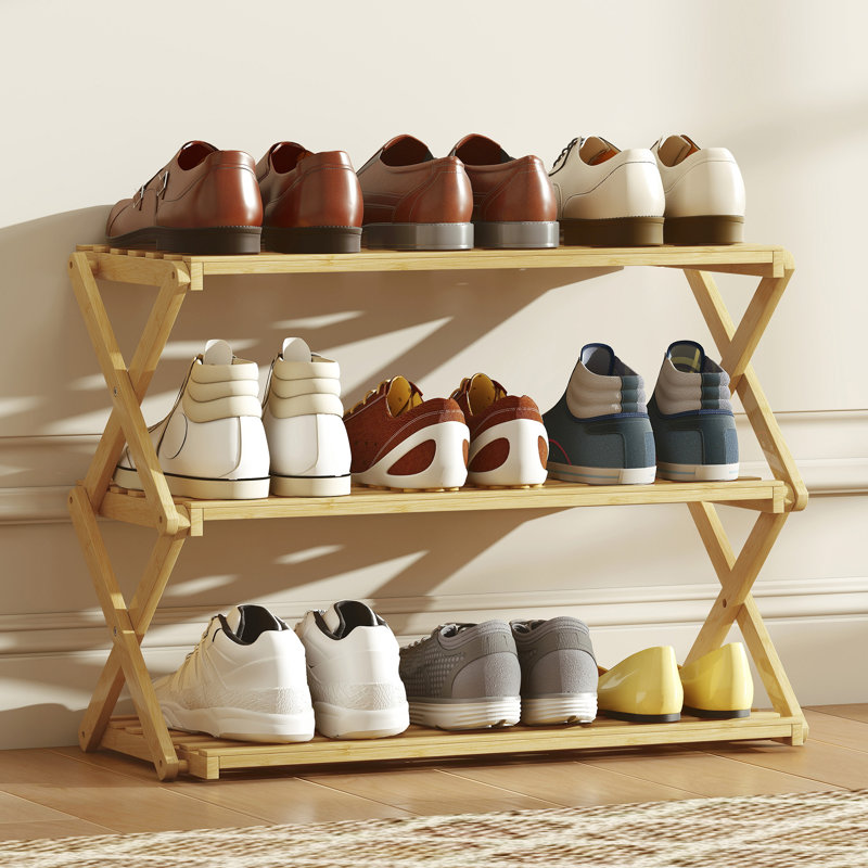 HOMCOM Bamboo Shoe Rack, Folding Shoe Shelf, No Assembly, 45.5cm H x 60cm W x 29cm D