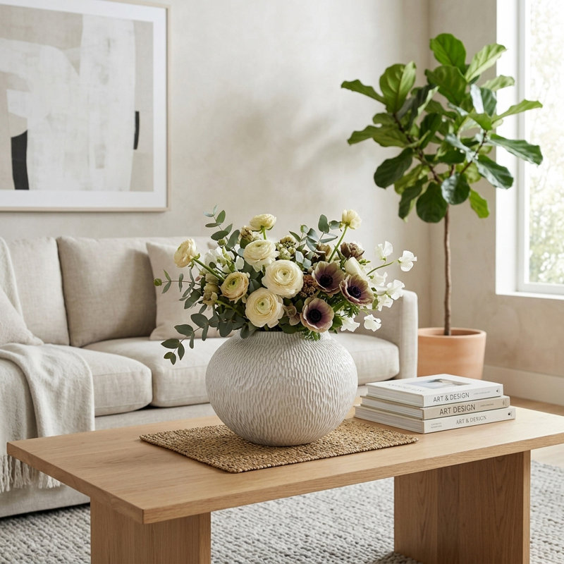 Vase texturé en céramique blanc cassé - Vase rond décoratif pour décoration moderne, H 10 po x l 12,75 po x P 12,75 po