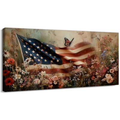  Drapeau américain sur toile, art patriotique, image du 4 juillet, décor Americana, décoration rustique et moderne, toile tendue avec cadre en pin, 20 po x 40 po
