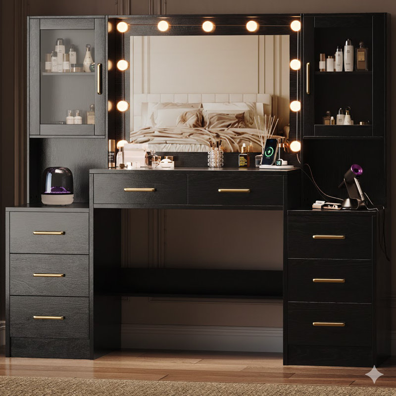 58.25”vanity Desk With Mirror And Charging Station, 8 Drawers And 2 Cabinets, Black