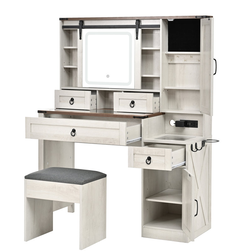 Bureau de coiffeuse avec miroir coulissant, lumières, plateau en verre, station de charge, 4 tiroirs, 2 armoires et tabouret - blanc, rangement pour cosmétiques multiples