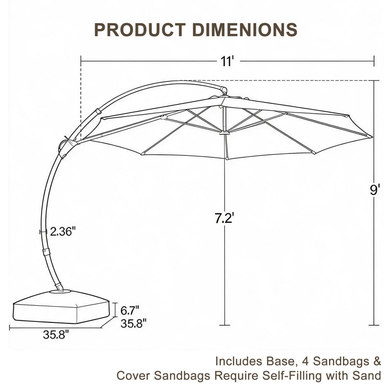 Parasol déporté incurvé de 3,35 m avec base, sacs de lestage et housse, pour terrasse et jardin., 11 pi, Vert