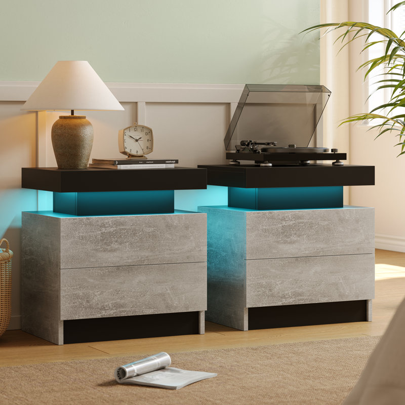 LED Nightstand with 2 Drawers - Small Space Solutions, Gray/Black