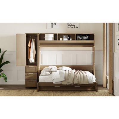 Lit escamotable double avec garde-robe, tiroirs et tablettes ouvertes, bois antique