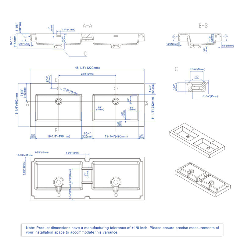 Dowell 48" Rectangular Drop-In Double Bathroom Sink with Overflow