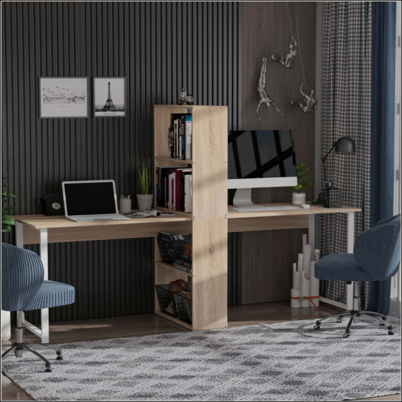 Bureau d'ordinateur extra-long pour 2 personnes avec tablettes de rangement, table de travail double avec rangement pour bureau à domicile, bibliothèque