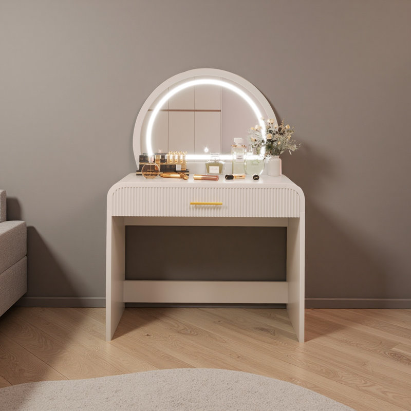 39" Modern Makeup Vanity Desk W/ Touch Led Mirror, Storage Drawer – Curved Safety Design, Convertible To Workspace, White