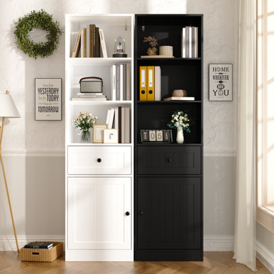 Farmhouse 71" Tall Bookshelf With Drawer, Narrow Bookcase With Adjustable Left/right Door, Adjustable Shelf, Freestanding Display Book Shelf For Bedroom,living Room, Office, White