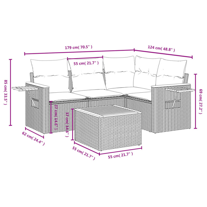  Ensemble de canapé de patio 5 pièces avec coussins en rotin de polyester noir