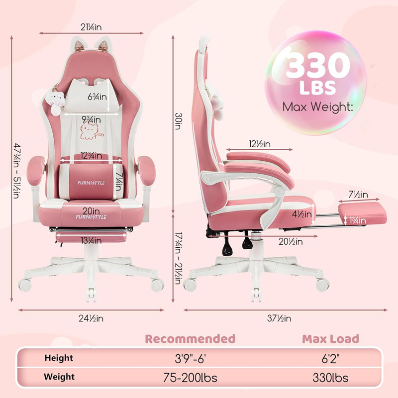 Gaming Chair Cute with Cat Ears & Ringing Accessories and  Lumbar Support, Ergonomic Computer Chair for Girl with Footrest  Headrest & Padded Arms
