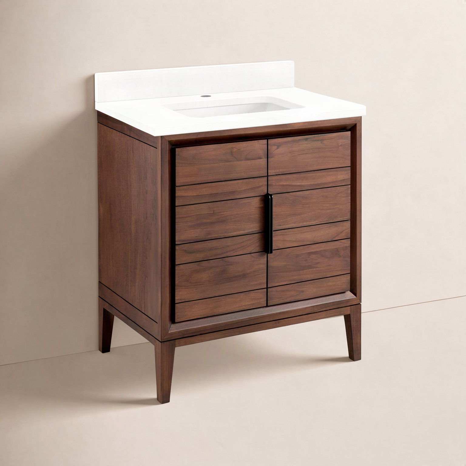 Aliso 30" Carrara Marble Single Bathroom Vanity, Feathered White Quartz, Java, Single-Hole Centered