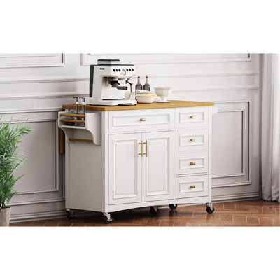 Îlot de cuisine 52 po avec abattant, îlot de cuisine à texture gaufrée sur roulettes avec porte-épices, porte-serviettes, 2 portes et 5 tiroirs, chariot de rangement avec tablette réglable pour la cuisine, blanc