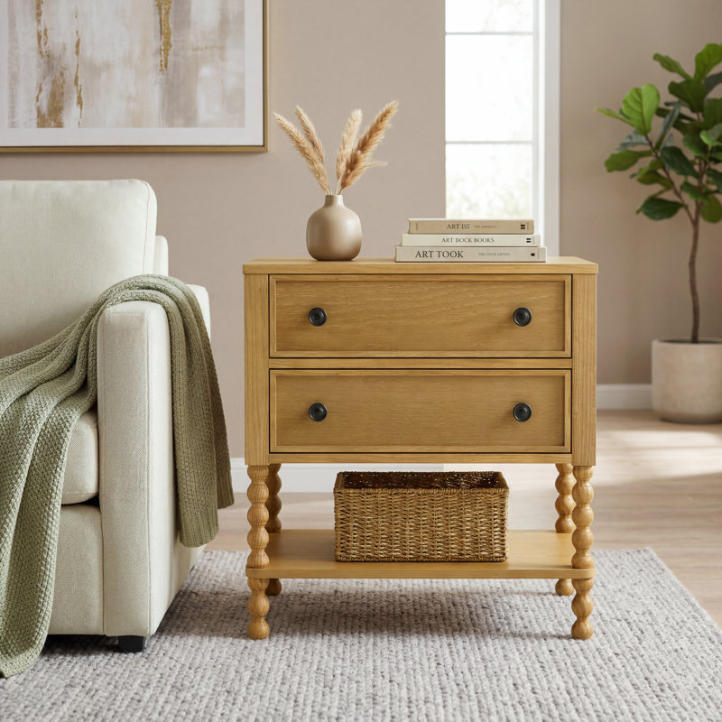 2-Drawer End Table with Solid Red Oak Beaded Legs, Oak Veneer Side Table with Open Shelf & Soft-Close Drawers for Living Room & Bedroom, Quick 15-Min Setup