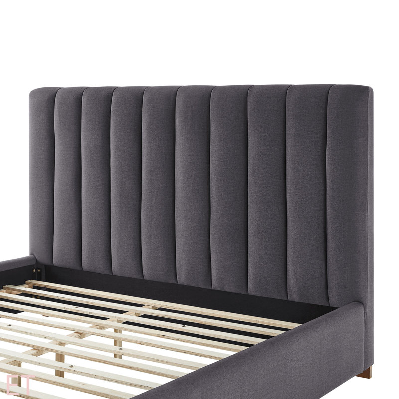  Structure de lit de conception moderne avec base de lit tapissier et tête de lit en tissu, Grand, Gris foncé
