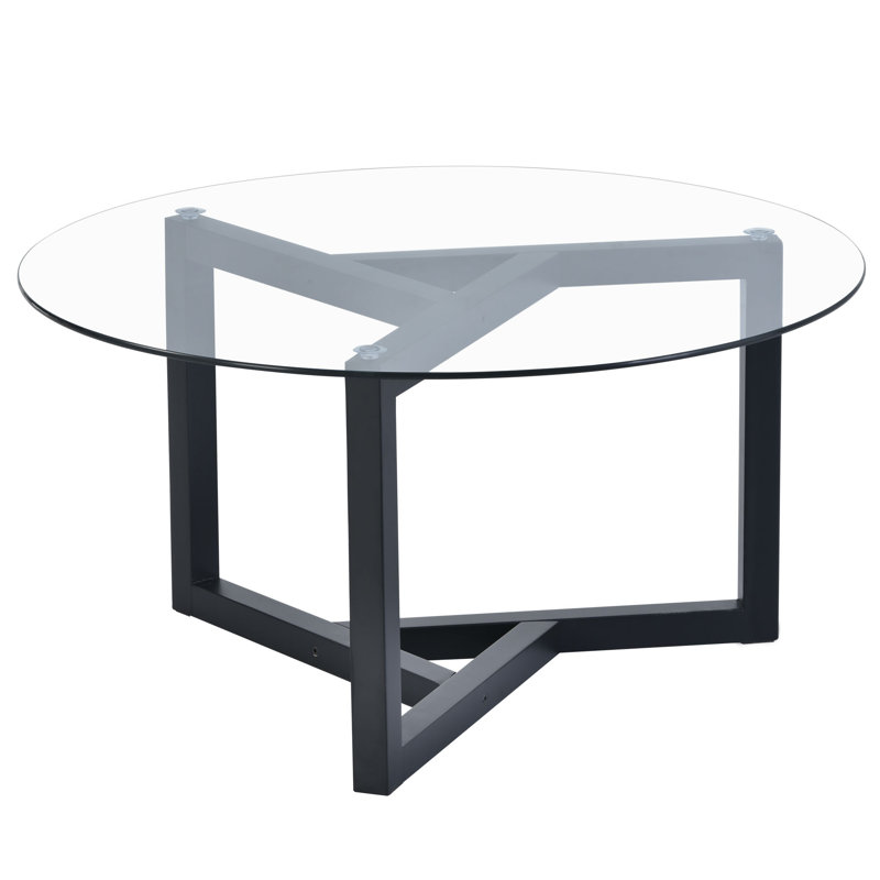 Modern Round Glass Coffee Table with Tempered Glass Top & Sturdy Wood Base, Easy Assembly Cocktail Table, Black, Black.