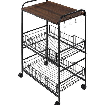 3 Tier Rolling Kitchen Cart With Storage, 2 Sliding & Side Hooks, Walnut, Compact Versatile For Kitchen, Dining Room Storage In Ideal Bathroom Organization