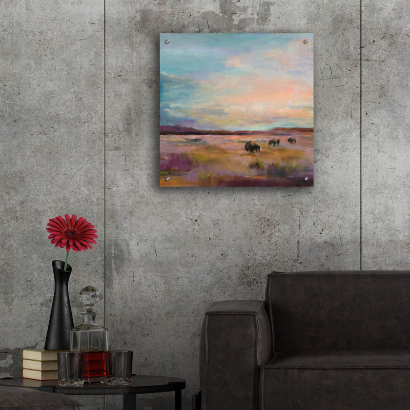 «Buffalo Under Big Sky» par Marilyn Hageman, art mural en verre acrylique, H 24 po x l 24 po x P 0,2 po