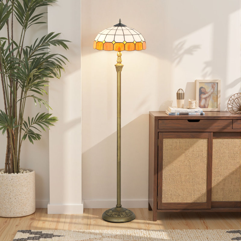  Lamp with Handcrafted Stained Glass Shade, Vintage Standing Lamp, Blue, Orange/White