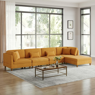 Seemab 5 - Piece Upholstered Orange Corduroy Modular Sectional with Pillow Back and Removable Ottoman