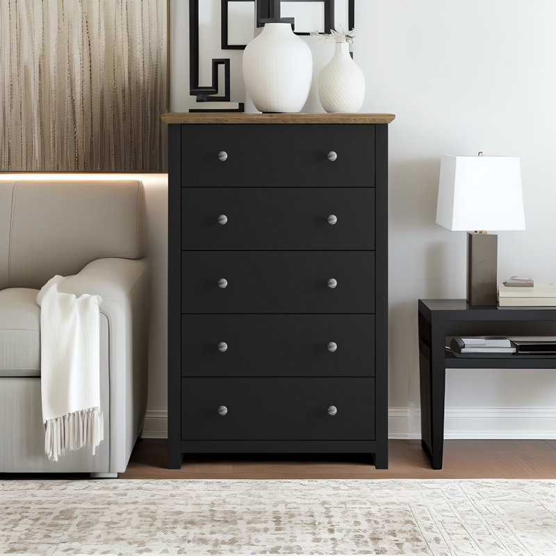 Commode 5 tiroirs Tevrat, Noir / chêne noueux