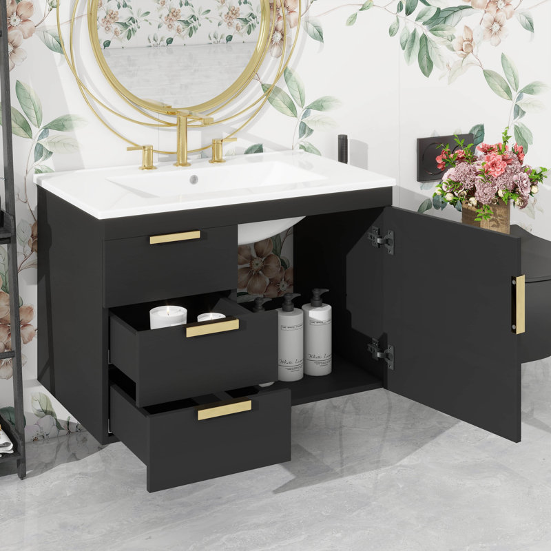 30" Modern Wall Mounted Bathroom Vanity With Ceramic Basin – Soft-Closing Door & Drawers For Sleek Storage, Black